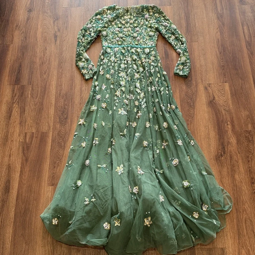 Mac Duggal Green Embellished Long Sleeve A Line Gown - Picture 8 of 9